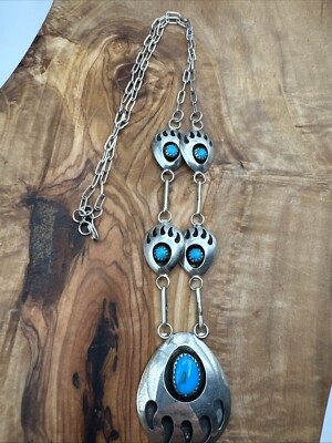 Vtg Stamped SJ Bear Paw Native American Turquoise Sterling Silver 925 Necklace