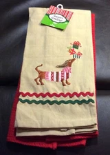 Brown Dachshund Dog Christmas Holiday Kitchen Towels NEW