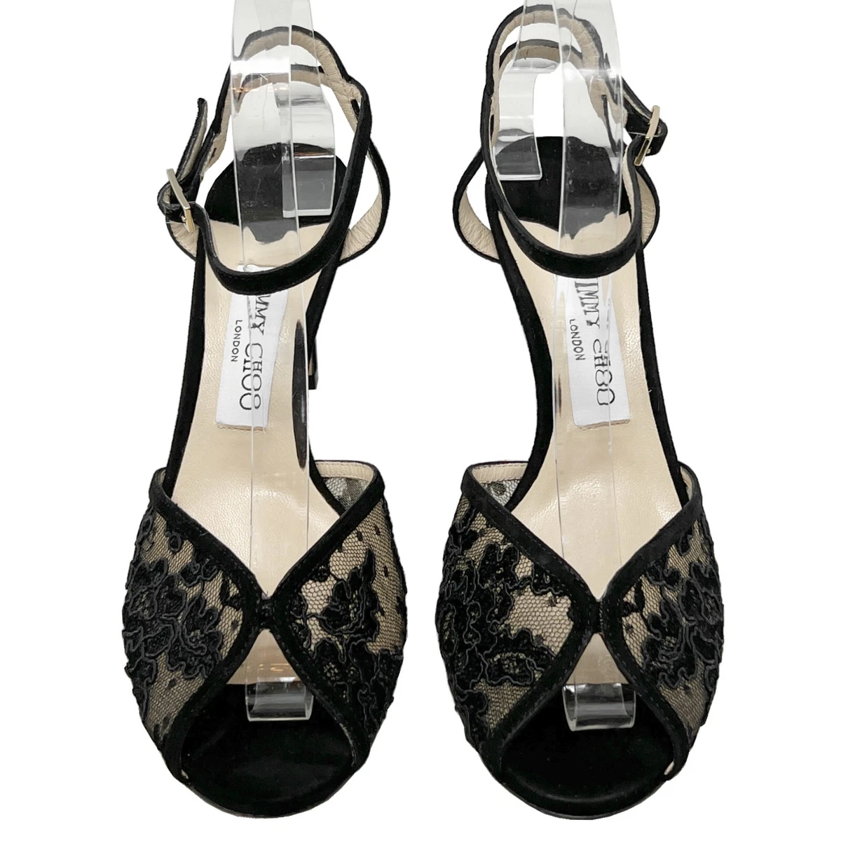 Jimmy Choo Sacora 85 Black Suede and Lace Peep Toe Ankle Strap