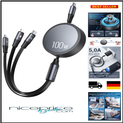 USB C 3-in-1 Premium Retractable Charging Cord mit 100W und schneller PD-Lade...