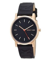 NEW DKNY SOHO ROSE GOLD TONE,BLACK LEATHER BAND,RED ACCENT WATCH NY2605
