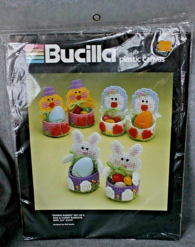 Vtg BUCILLA Spring Babies Egg & Candy Baskets Bunny Chicks Ducks Plastic Canvas - Picture 2 of 4
