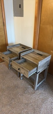 Set of 2 Modern Light Wood Nightstands w/ Drawer, Power Outlet, USB Ports