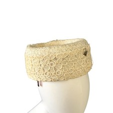 Vintage 60s Mark III Cream Straw Pillbox Hat Floral Crochet Lace Veil JS