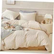  Duvet Cover Set Size, 3pcs Washed Microfiber Bedding Set, Soft Queen Beige