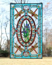 Tiffany Style stained glass window panel Dragonfly  Iris Flower 20" x 33.75"HF