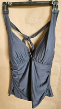 HILOR NWTS TANKINI SWIM TOP ONLY HALTER NECK RUCHED SIDES DK GREY SIZE 12 # 4589