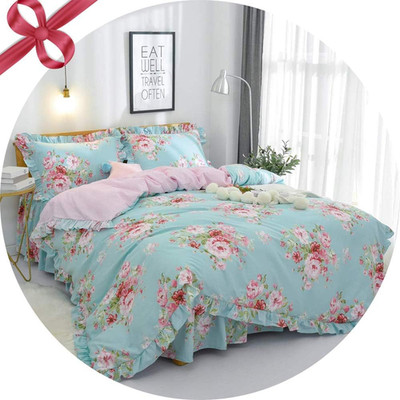 Chic Shabby Pink Floral 4-Piece Queen Cotton Bedding Set with Bedskirt