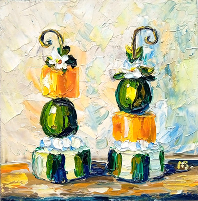 Food Oil Painting Olive Cheese Cucumber Impasto Dinner Art 6x6in
