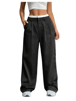 Women's Striped Pants Color Block High Waisted Wide Leg Work Office Trousers