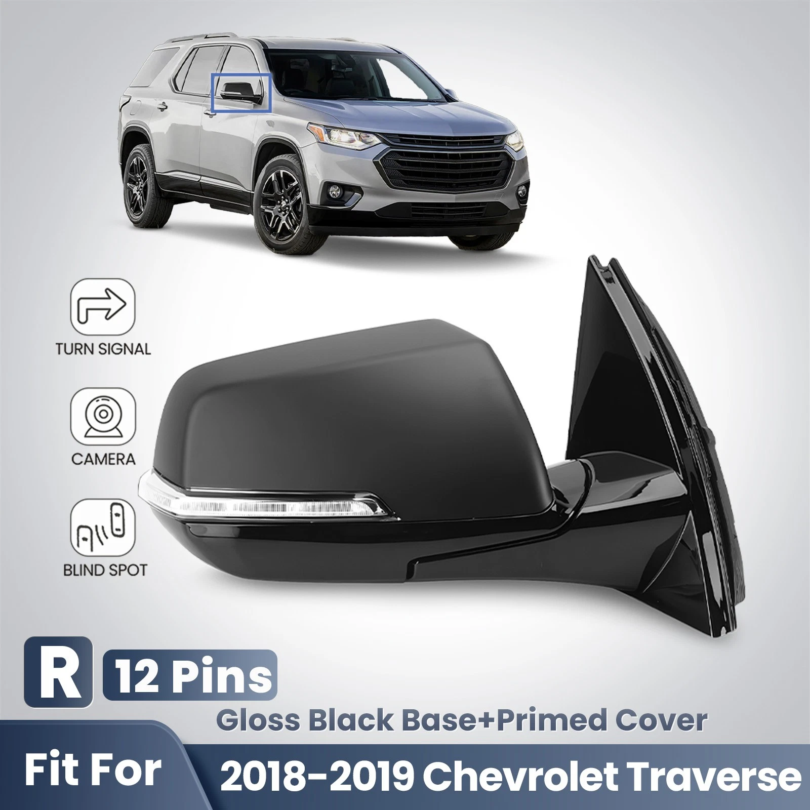 Side Mirror For 2018-2019 Chevy Traverse W/BSD &Camera W/Turn Signal 12Pin Right