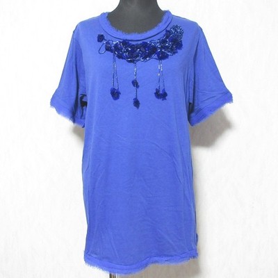 LANVIN Beaded Fringe Piping Cut and Sew Size M Blue Women USED