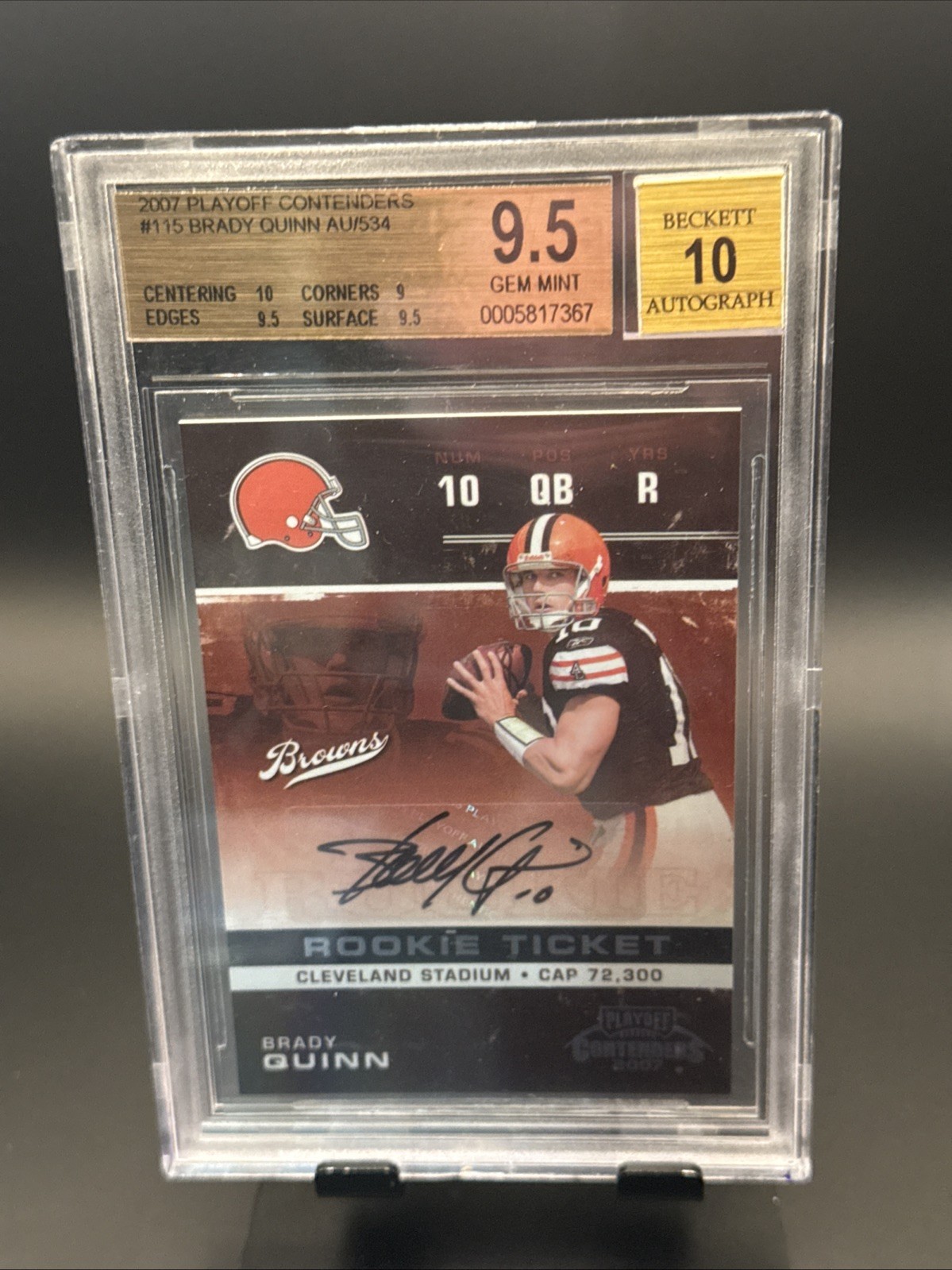 2007 SPX BGS 9 - Brady Quinn #219 - Auto Rookie Jersey Gold #’d/99 RC  view 4