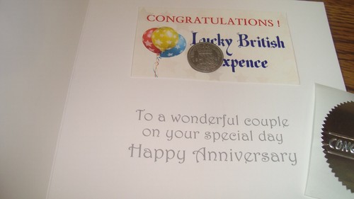 WEDDING Greeting Card " Anniversary Wishes " + 1947 UK British Lucky SIXPENCE - Picture 3 of 8