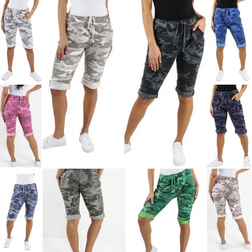 Ladies Camouflage Magic Shorts Italian Lagenlook Casual Womens Jogger Hot Pants  - Afbeelding 1 van 25