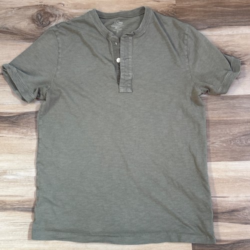 J Crew T Shirt Mens Small Henley Slub Cotton Yarns Olive Green Garment Dyed