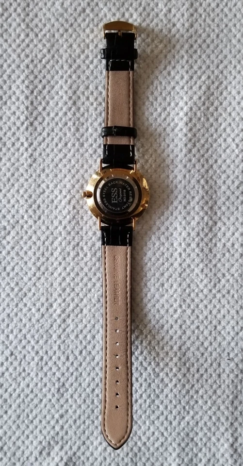 ESS Gold Tone Minimal Watch 3118 Black Dial & Leather Band 6" to 7.5" New Batt. - Image 3 of 4