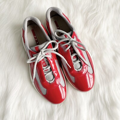 Prada America's Cup Red Patent Leather & Silver Mesh Lace-Up Prada America's Cup Red Patent Leather & Silver Mesh Lace-Up