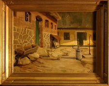 CASOLARY COUNTRY YARD GEESE ANIMALS COURTYARD PAINTED 1900 OIL CANVAS 40x30