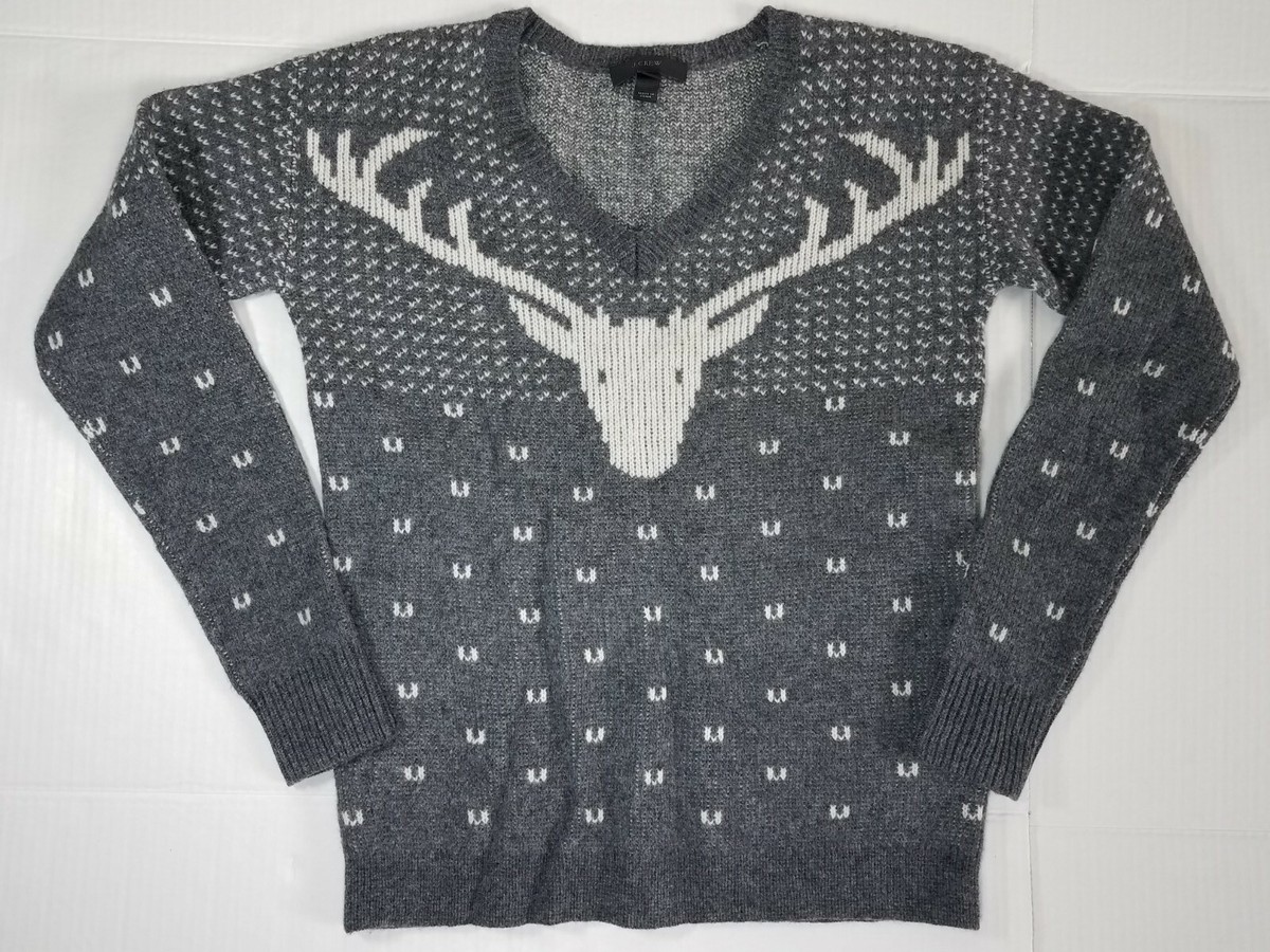 Women's Gray Wool Blend XS Deer V Neck Sweater fair isle winter  holiday