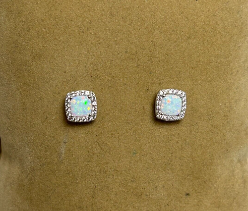 CHARMING 10K WHITE GOLD OPAL & CZ ACCENT STUD EARRINGS - Picture 2 of 17