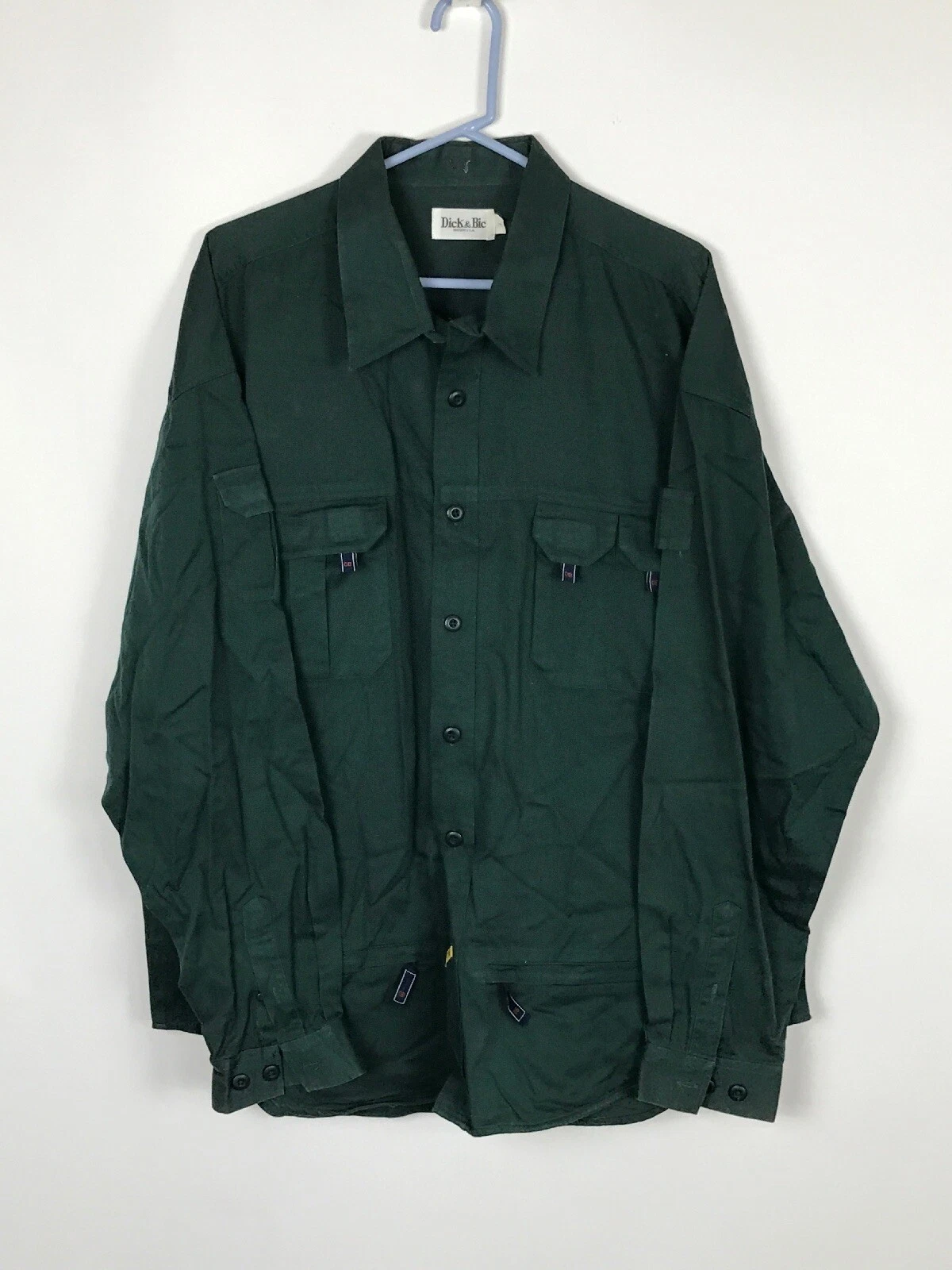 Dick & Bic Men Green Button Long Sleeve Hunting Outdoor Shirt Pockets Oregon USA