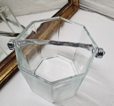 Vintage Luminarc Octime Glass Ice Bucket Octagon French MCM Modern Chrome Tongs