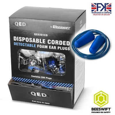 Detectable Corded Ear Plugs Beeswift QED Soft Foam Earplugs - SNR 38dB FREE P&P