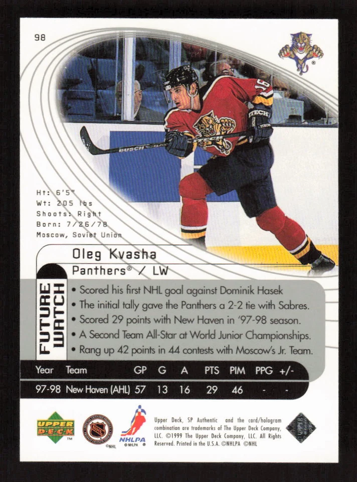 1998-99 SP Authentic #98 Oleg Kvasha Rookie Florida Panthers /2000 - Image 2 of 2