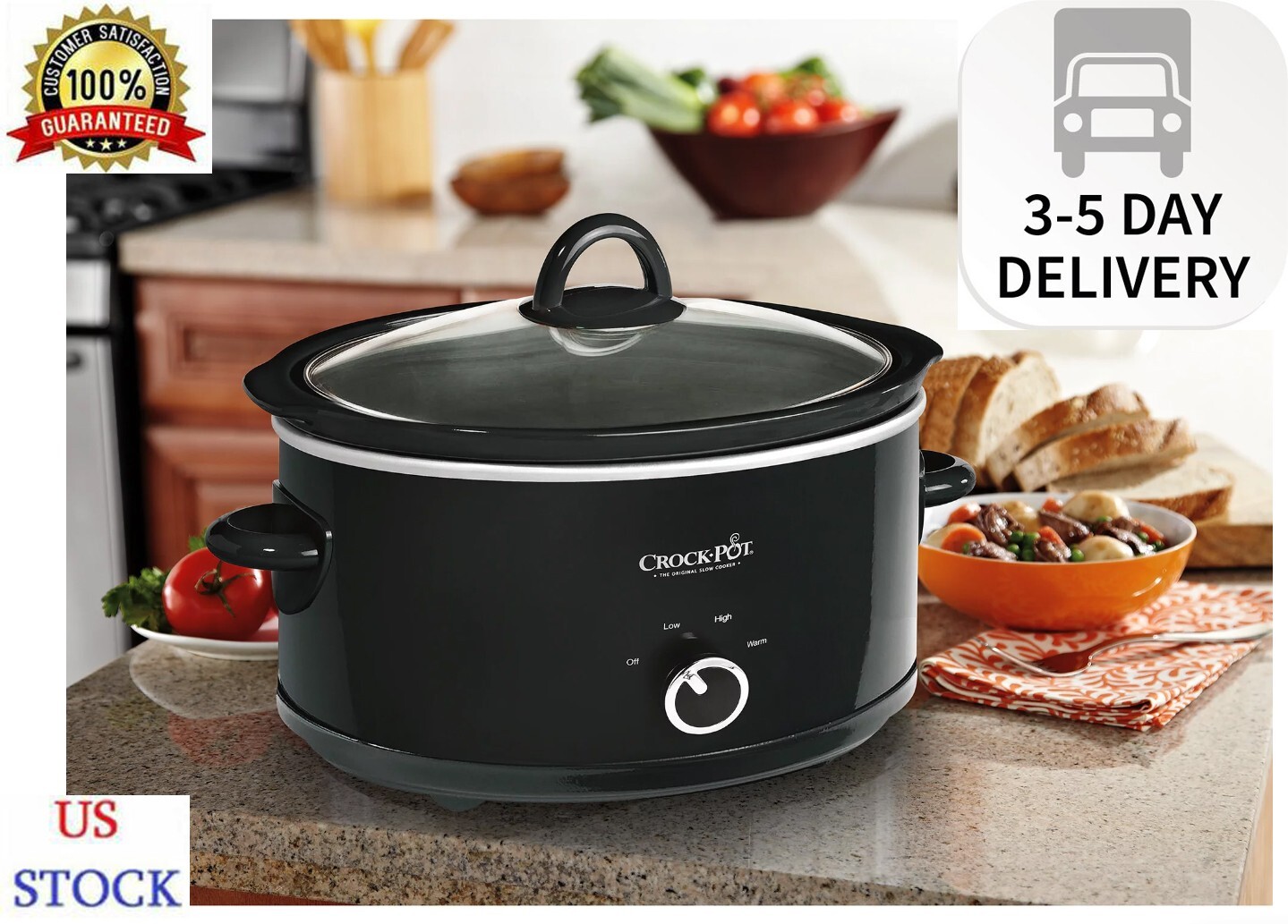 Crock Pot 7Quart Manual Electric Slow Cooker, Black Stoneware with Lid