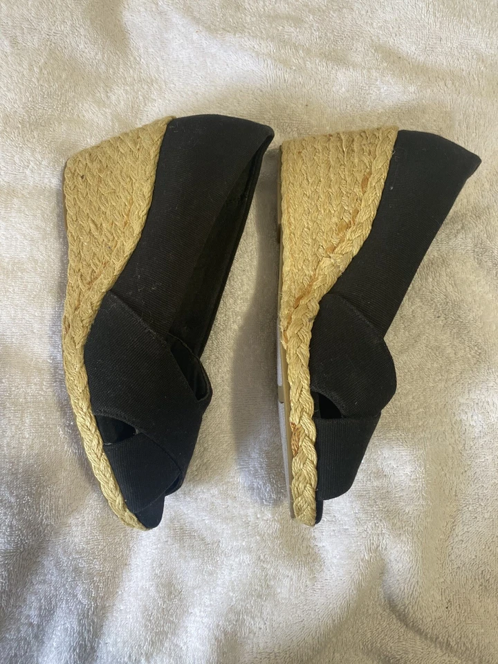 Zapatos Chaps Ralph Lauren Dakota Negros Lona Yute Trenzados Tacones de Cuña Talla 7.5 Foto 4 de 4