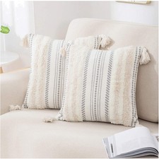 Set of 2 Boho Tufted Throw Pillow Covers 18x18 - Beige  Cream Striped Elegance