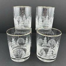 Lynns China PINES Double Old Fashioned Glasses (4) Snowy Pine Forest Gold Rim