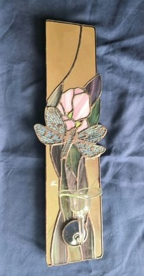 Schöne Wanddekoration Glas Tiffany Style Kerzenhalter Libelle Blume Spiegel 38cm