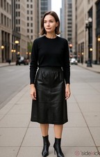 Vintage JFS Signature 100 Leather Midi Skirt Large Black Lined Elastic Waist