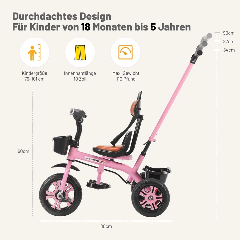 Dreirad mit Schubstange Laufrad Lenkstange Kinderdreirad Baby 2-5 Jahre Geschenk - Bild 4 von 4