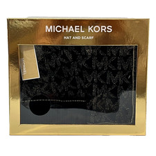  98 Michael Kors 2 Piece Set Hat and Scarf Black and Gold MK Logo NIB