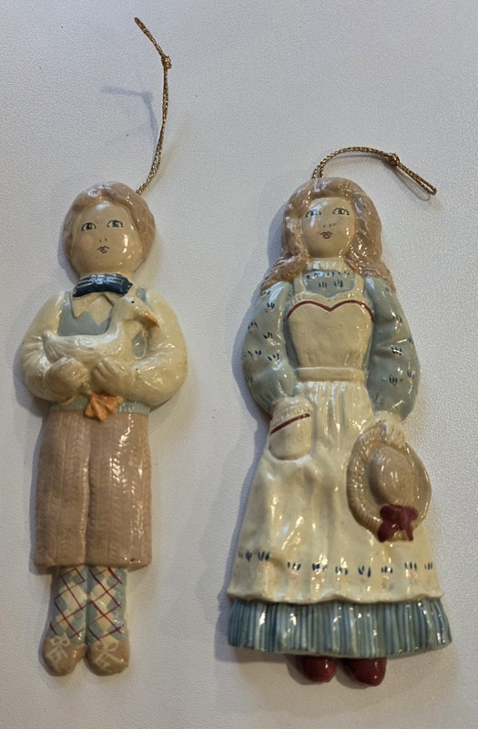 2 Vintage 80"s Charlie McGee Ceramic Ornaments BOY W/DUCK & GIRL W/HAT 1982 CMcG