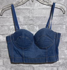 Blue Jean Denim Corset Bustier Back Hooks Built in Padded Bra Size Medium