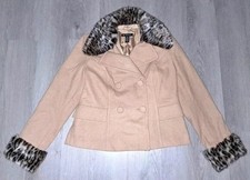 INC Leopard Print Faux Fur Button Up Tan Beige Peacoat Winter Jacket Size Large