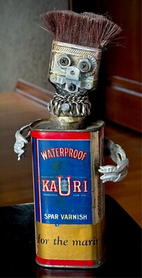 Great Assemblage Sculpture Art of Figure From Vintage Can, Brush, Parts
