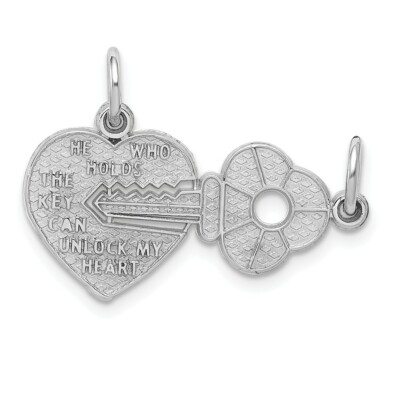 14K White Gold Polished Key and Heart Break Apart Charm with Textured Back