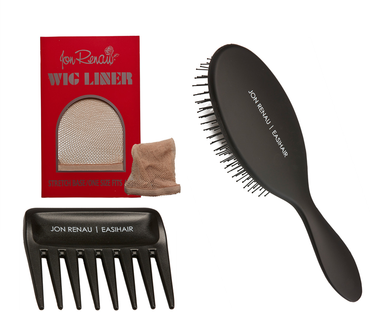 3Pc Bundle: Jon Renau Wide Tooth Comb, Paddle Brush & 1 Beige Fishnet Liner