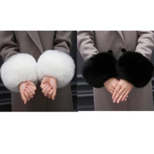 Women's Real Fox Fur Cuffs Sleeves A Pair For Coat Jacket Party Black White
