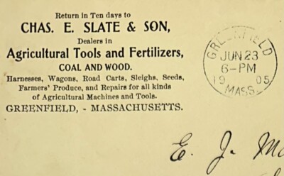 1905 Chas E Slate Agricultural Tools Fertilizers Coal Wood  Greenfield MA Cover