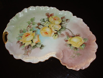 ANTIQUE LIMOGES GUERIN HAND PAINTED 13'' VANITY TRAY PLATE PLATTER, YELLOW ROSES