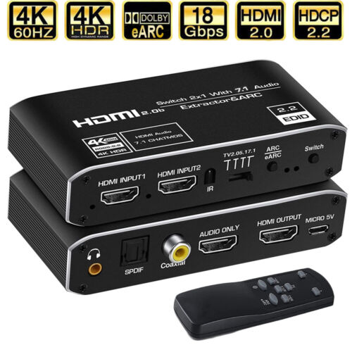 4K 60Hz HDMI 2.0 Earc Audio Extractor Switch 7.1CH HDMI to Toslink/Coaxial 5.1CH - Picture 1 of 10