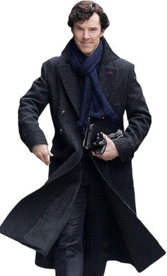Mens Sherlock Holmes Benedict Cumberbatch Detective Grey Wool Trench Coat