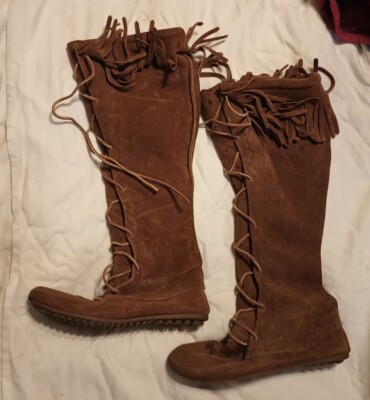 Knee High Fringe Moccasin Boots SUEDE FRINGE BOOTS By MINNETONKA