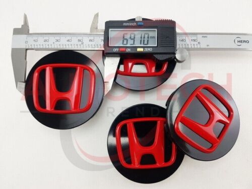 Black/Red HONDA Set Of 4 Wheel Center Caps 69MM - Picture 5 of 5